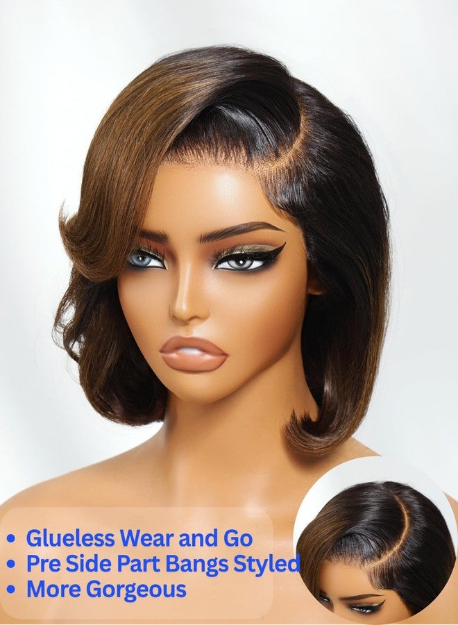 Nadula Glueless Bye Bye Knots Short Bob Drawstring Wig human Hair with Blow Out Bangs, Black to Chestnut Brown Ombre Pre Cut 7X5 HD Lace Front Wigs Pre Plucked Bleached Knots Ready to Wear 10inch - Image 2
